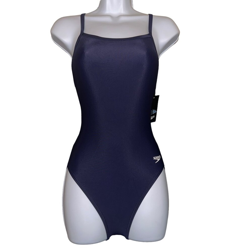 NWT Speedo PowerFlex Eco One Piece Swimsuit Womens 6 32 Solid Blue Compression